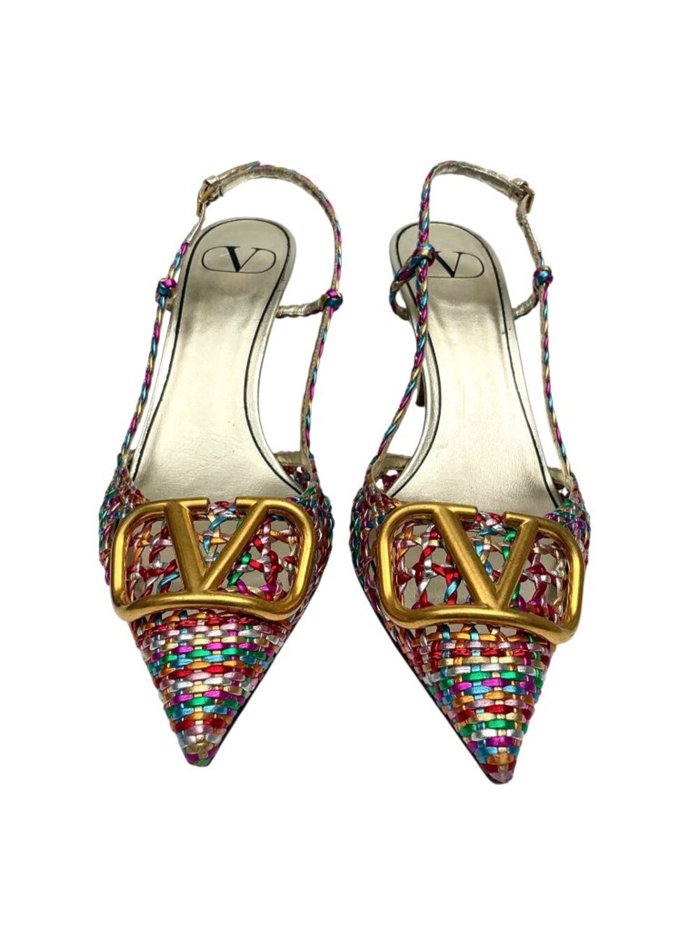 VALENTINO Garavani Multicolor Woven Leather Vlogo Pointed Toe Slingback Sandals - Picture 5 of 12